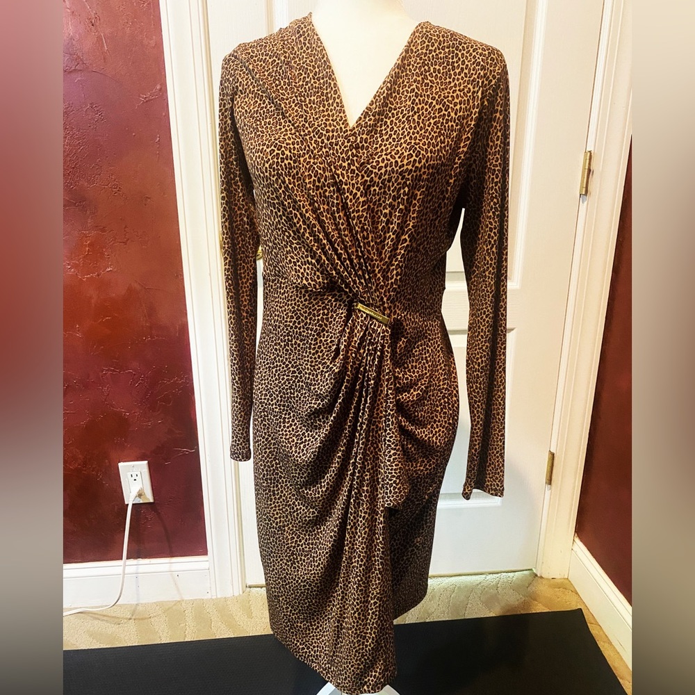 Michael Kors Leopard long Sleeve Faux Wrap Dress M